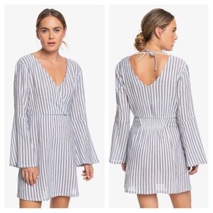 ROXY Faux Wrap Striped Bell Sleeve Dress